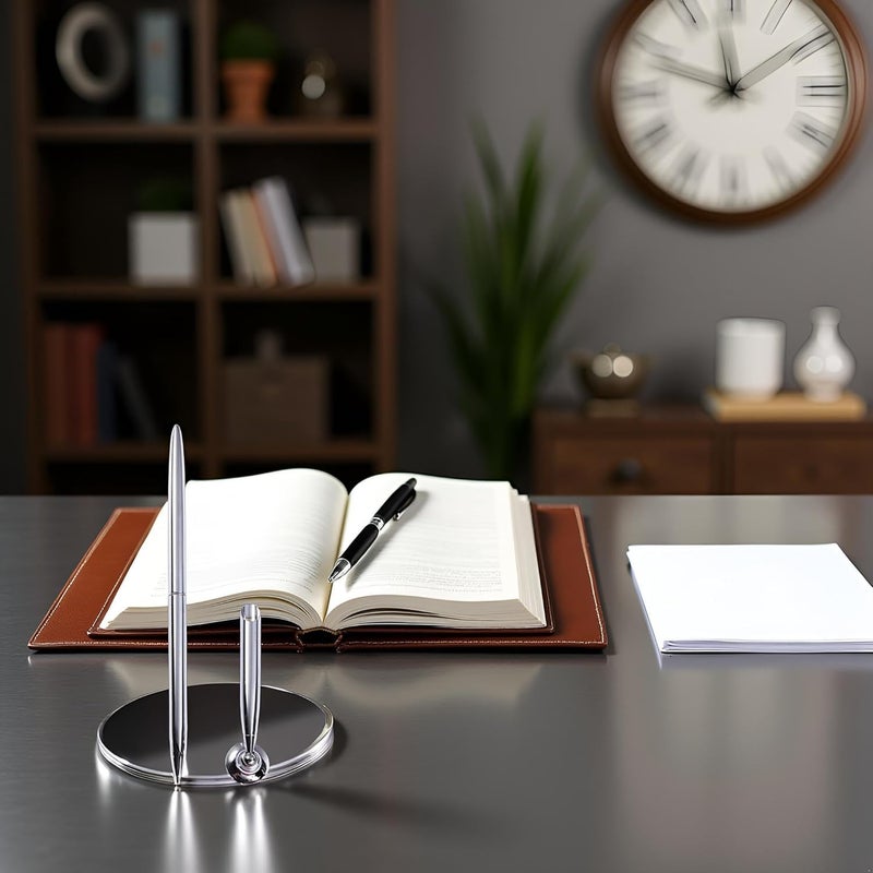 aoukoslt Guest Pen and Pen Stand, Round Pen Holder Signing Set, Metal Pen Attached to Desk Base Stands for Wedding Office, Pencil Holders - Image 5
